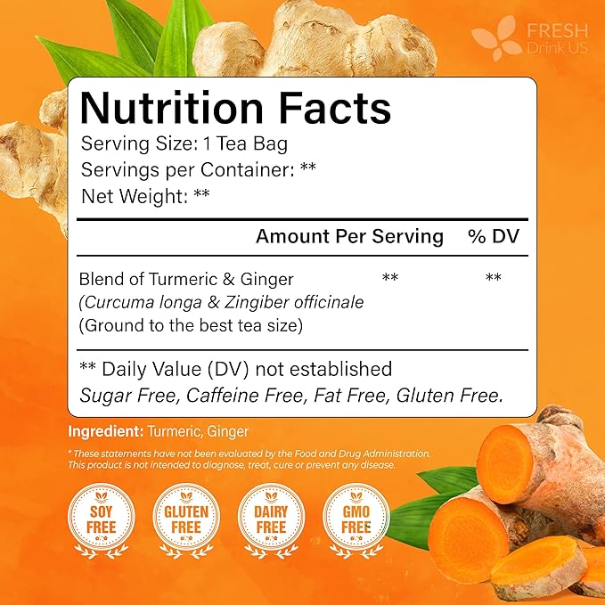 FreshDrinkUS, Premium 210 Ginger Turmeric Tea Bags, 100% Natural Ingredients, Hand-made Blend of Ginger and Turmeric Herbal Tea, Eco-conscious Tea Bags. No Sugar, No Caffeine, No Gluten, Vegan.
