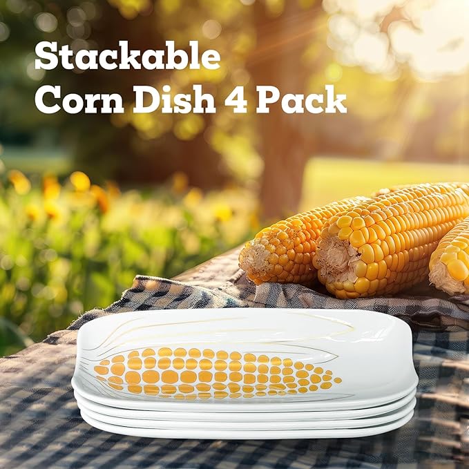 Cinf Ceramic Corn Cob Holders 8.8" Corn Dishes Set of 4 Trays Non-slip Bottom Microwave Dishwasher Oven Safe (Champagne Gold)