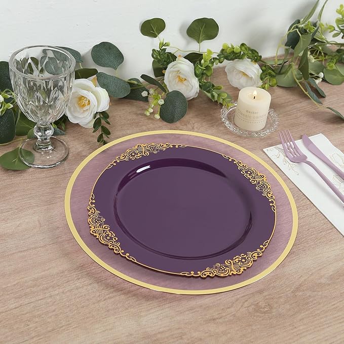 Efavormart 10 Pack | 10" Purple and Gold Baroque Dinner Plates, Leaf Embossed Metallic Rim Heavy Duty Serving Plates for Vibrant Royal Celebrations