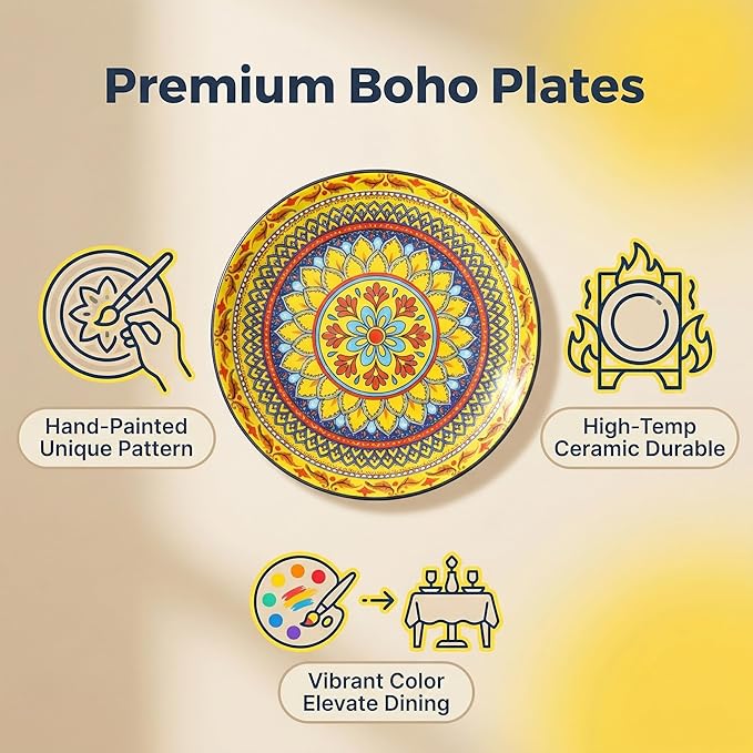 glowworm Dinner Plates, 10.5 Inch Ceramic Plates Set of 6 for Steak, Snacks, Pizza, Cake, Colorful Serving Dishes for Kitchen Decor Gift, Microwave Dishwasher Safe, Bohemian