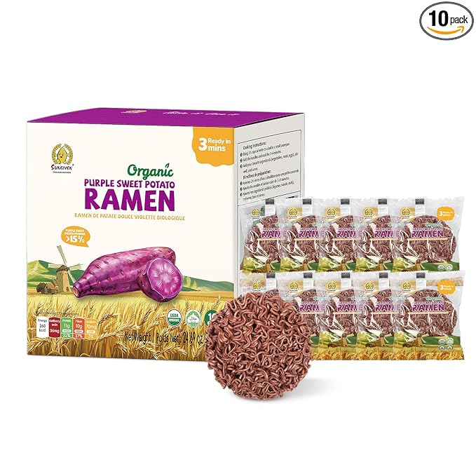 SUNGIVEN Organic Ramen Noodles Purple Sweet Potato Healthy Low Sodium Ready in 3 Minutes Non-Fried Instant No Additives or Preservatives 2.47 OZ (Pack of 10)