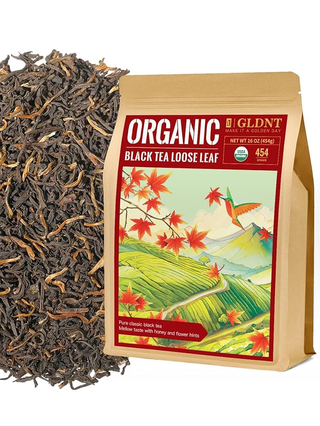 GLDNT Organic Black Tea Loose Leaf, Natural Organic Black Tea, Full-bodied & Mellow Taste, Caffeinated, Hot & Iced Tea, 16oz