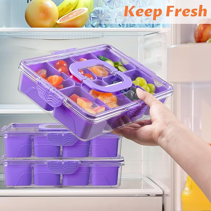 Snackle Box Container, Dishwasher Safety - Divided Serving Tray with Lid and Handle, Charcuterie Board for Portable Snack Platters - Organizer for Fruits Snacks - Perfect for Road Travel - Purple
