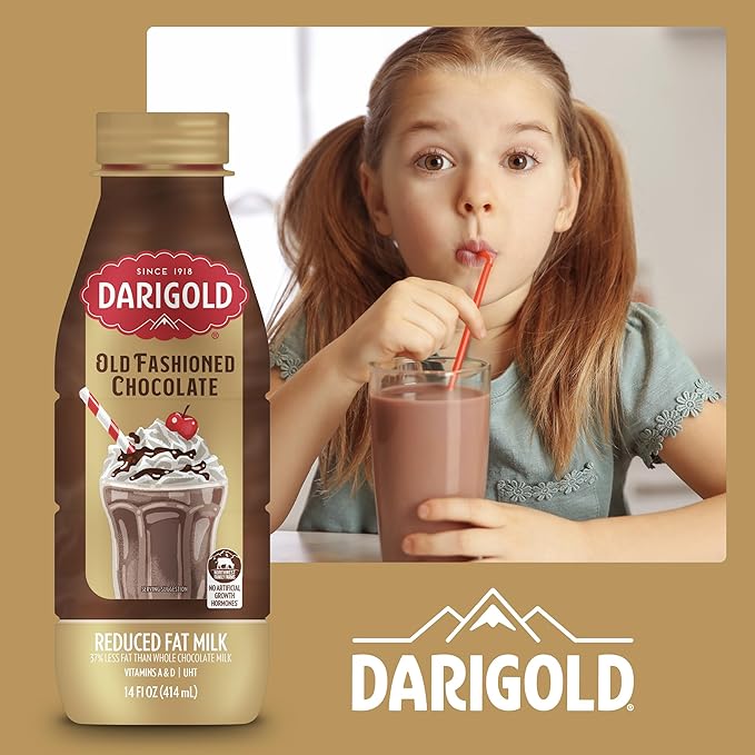 Darigold Old Fashioned Chocolate Milk 2 Percent, Reduced Fat Shelf Stable Milk with Real Cocoa & 6 Essential Nutrients, 19g Protein, rsBT Free - 14oz, 12 Pack (Chocolate)