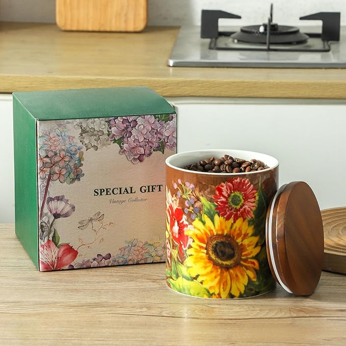Oil painting Sunflower Food Storage Jar Strong Ceramic Storage Canisters with Airtight Seal Bamboo Lid Modern Design Seal Damp-Proof Kitchen Jar for Coffee, Tea,coffee