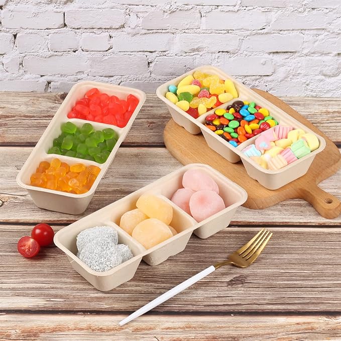 disposable paper bowls 18 oz 3 compartments with lids, Sugarcane Fiber For Snack, Dessert, Meal Prep 50 Pack
