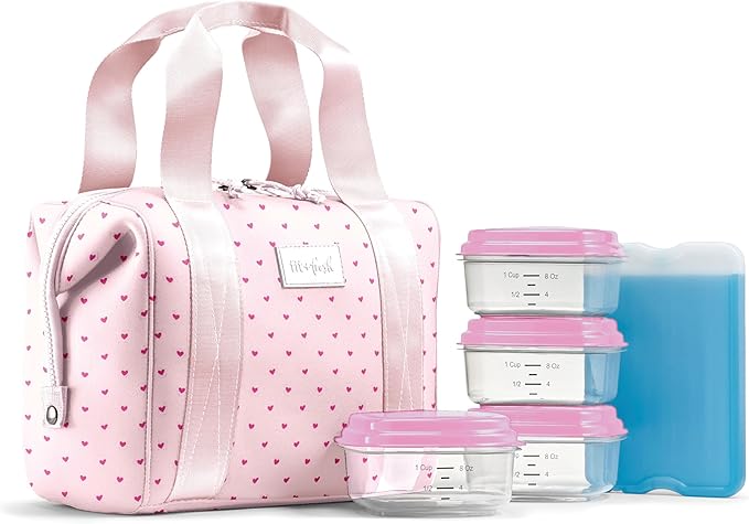 Fit & Fresh Remi Lunch Bag for Women Work – Neoprene Lunch Tote with Containers & Ice Pack, Reusable Meal Prep Lunch Box, Large Capacity, Machine Washable, Tiny Hearts