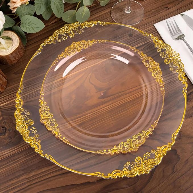 Efavormart 10 Pack | 10" Translucent Blush and Gold Baroque Dinner Plates, Leaf Embossed Metallic Rim Shatterproof Serving Plates for Romantic Receptions