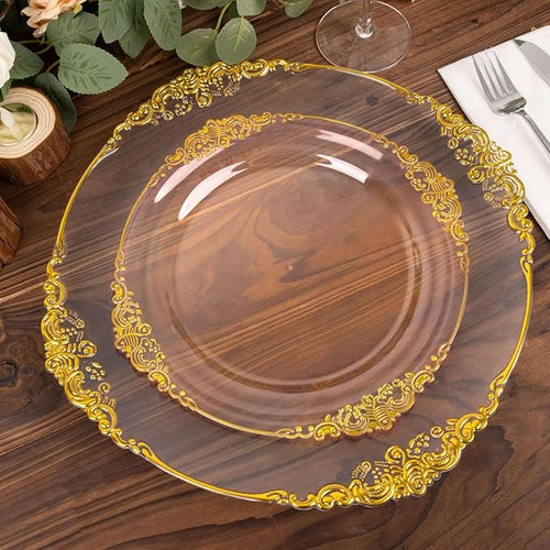 Efavormart 10 Pack | 10" Translucent Blush and Gold Baroque Dinner Plates, Leaf Embossed Metallic Rim Shatterproof Serving Plates for Romantic Receptions