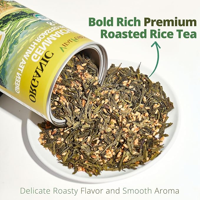 8oz Organic Genmaicha Green Tea with Roasted Rice, Genmaicha Tea Loose Leaf, Roasted Green Tea, Brown Rice Tea, Smooth Nutty Flavor