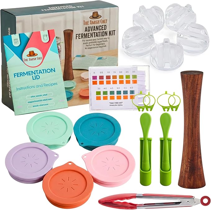 Advanced Fermentation Kit - Pickle Kit, Sauerkraut Making Kit Kimchi Container - Fermentation Airlock Lids for Wide Mouth Mason Jars by The Amish Chef