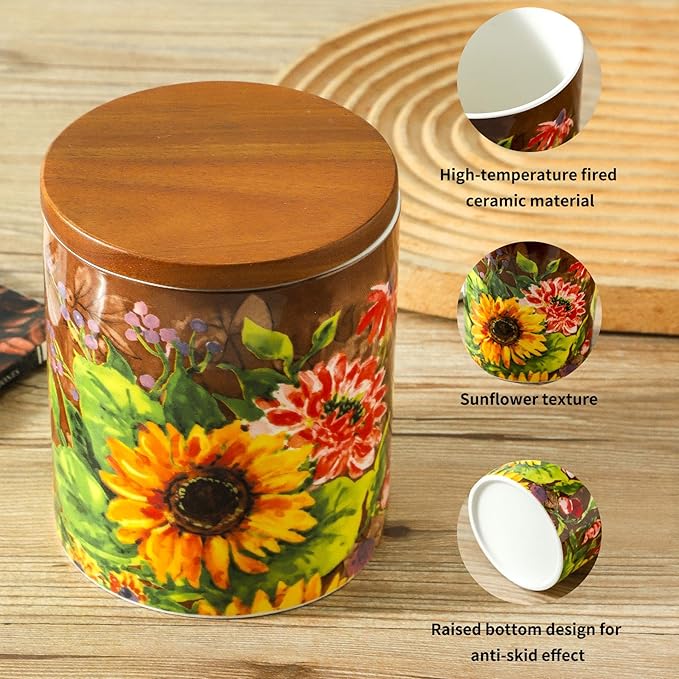 Oil painting Sunflower Food Storage Jar Strong Ceramic Storage Canisters with Airtight Seal Bamboo Lid Modern Design Seal Damp-Proof Kitchen Jar for Coffee, Tea,coffee