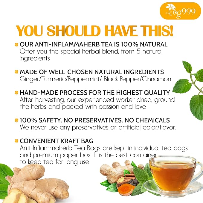 20 Tea Bags - Anti-Inflammaheb Loose Leaf Tea, 100% Natural from Ginger, Turmeric, Peppermint, Black Pepper, Cinnamon. No Sugar, No Caffeine, No Gluten, Vegan.