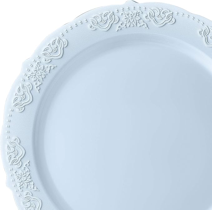 OCCASIONS 240 Blue Fancy Plastic Plates (120 Guests) - Heavy Duty Disposable Plates for Wedding & Party, Elegant China Look, BPA Free, 10.25" Dinner + 7.5" Dessert (Portofino Plain Blue)