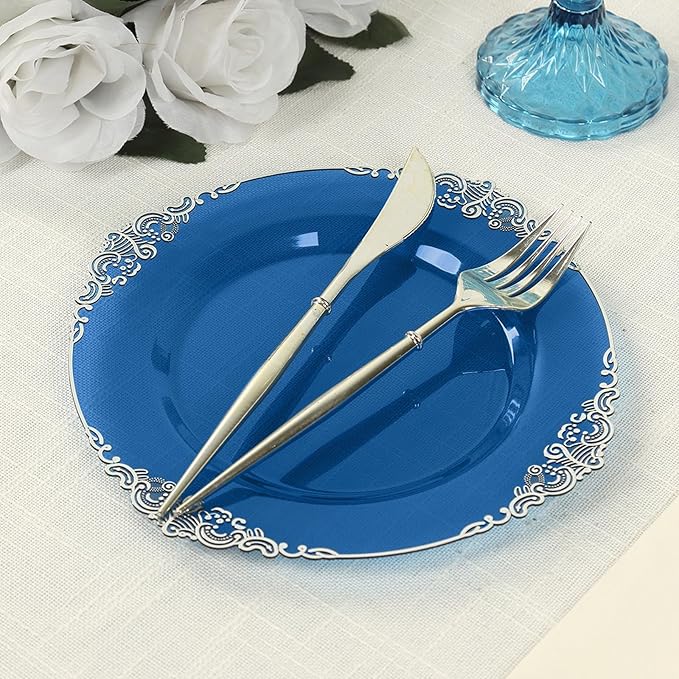 Efavormart 10 Pack | 8" Translucent Navy and Silver Baroque Dessert Plates, Leaf Embossed Metallic Rim Shatterproof Appetizer Plates for Nautical Showers
