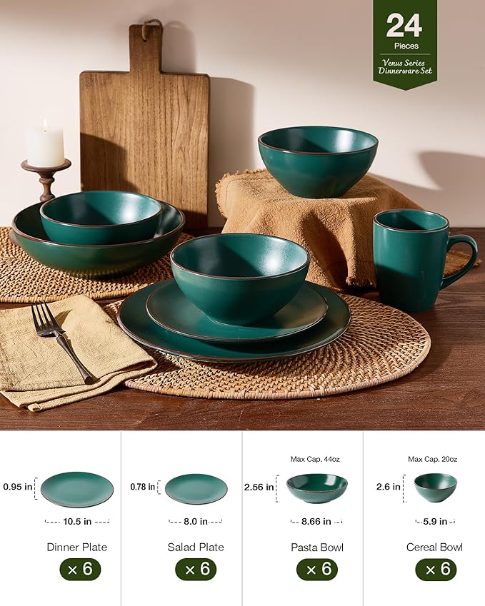 Famiware Venus Stoneware Dinnerware Set with Pasta Bowls for 6, 24-Piece Speckled Plates and Bowls with Trim, Matte Dark Green - Chip‑Resistant Dishes for Everyday & Formal, Microwave/Dishwasher Safe