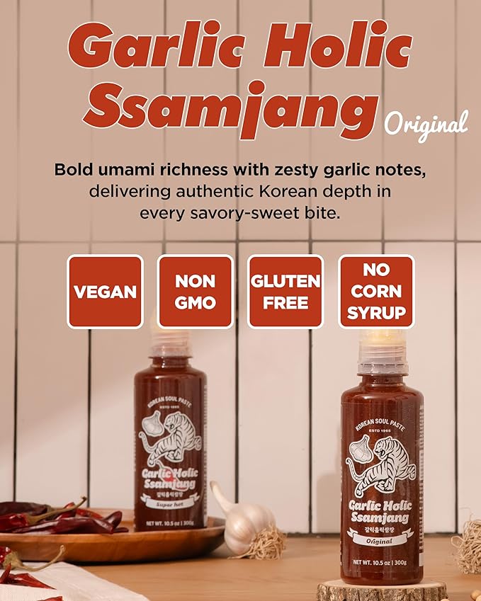 Korean Garlic Holic Ssamjang Squeeze Tube Vegan Gluten-Free Spicy and Sweet Seasoned Bean Paste for Korean BBQ Essential, Korean BBQ Dipping Sauce with Calamansi & Double Garlic - Vegan, Non-GMO, 10.1oz (300g)