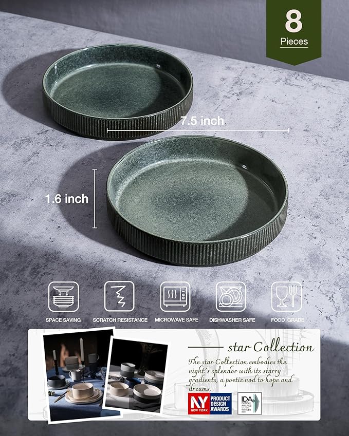 famiware Star 7.5" Pasta Bowls Set, Salad Bowl Set of 8, Double Reactive Glaze, Stackable, Ideal for Your Friend for Housewarming, Festivals, Deep Forest