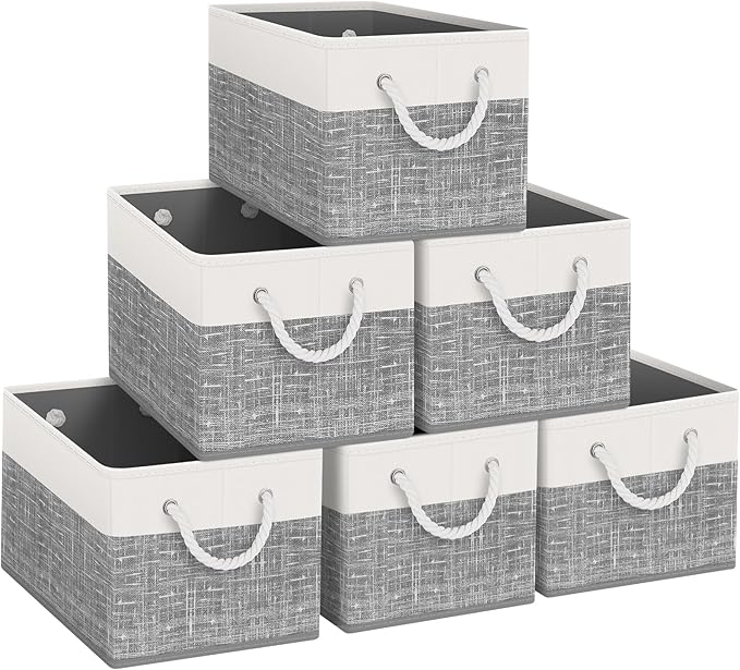 Fab totes Storage Bins [37-Pack], Foldable Storage Baskets for Organizing Toys, Books, Shelves, Closet, Large Storage Box with Rope Handles, Sturdy Organizer Bins, White & Black