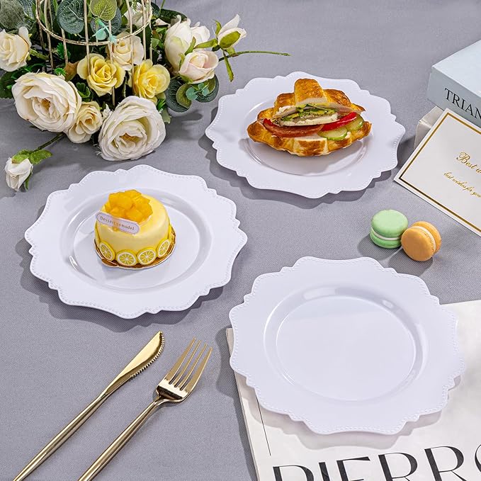 COLOSUS 60pcs 7.5 Inch White Plastic Dessert Plates,Premium Plastic Salad Plates,Heavy Duty Disposable Appetizer Plates for Thanksgiving Wedding and Everyday Use