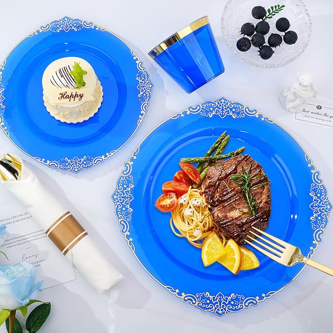 Bestluck 350 PCS Blue and Gold Plastic Plates, Disposable Dinnerware Set for 50 Guests, 100 Disposable Plates, 150 Silverwares, 50 Cups, 50 Napkins for Wedding, Party, Graduation
