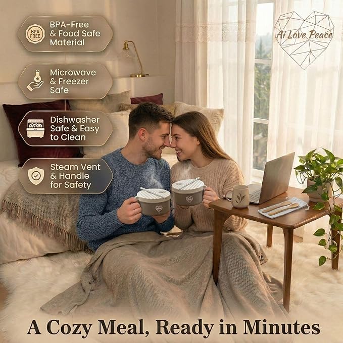 AI LOVE PEACE Ramen Bowl Set of 2, 40 oz Microwaveable Ramen Noodle Bowl Cooker with Lids, Soup Bowls for Pho, Pasta, Rice, Oatmeal, Home Office Dorm (2x Beige)