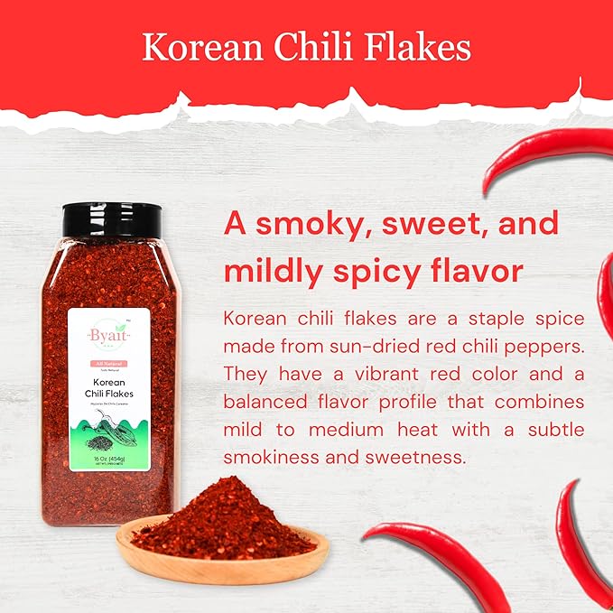 Byait Gochugaru Korean Chili Flakes 16 Oz (1 LB), Medium Hot, 100% Pure Red Chili Pepper Flakes for Authentic Korean Cooking, Kimchi, Chili Oil, and Seasoning