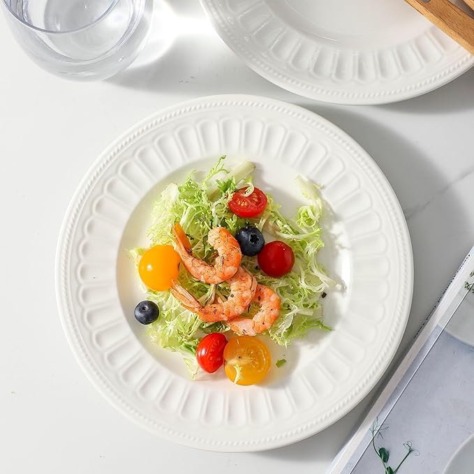 Neaylfe 8-Piece Ceramic Dessert Salad Plates, 8 Inch, Embossed Small Dinner Plates, Kitchen Porcelain Dish Ceramic Flat Plates for Appetizer, Pancakes, Dishwasher & Microwave Safe