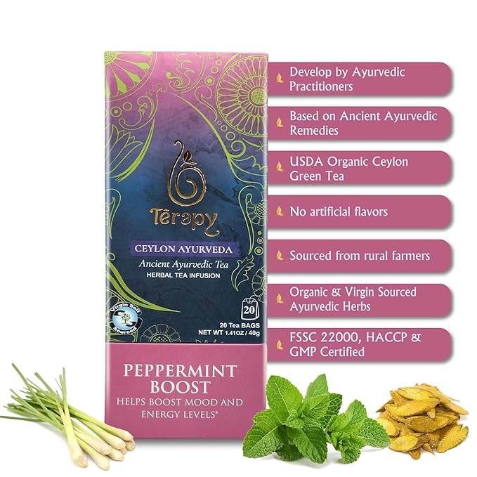 TERAPY Ceylon Peppermint Tea - Boosts Well-being & Energy Levels, 100% Pure Peppermint Tea Bags, Low Caffeine, Refreshing Herbal Flavor, 20 Individually Wrapped Unbleached Bags for Freshness (1 Pack)