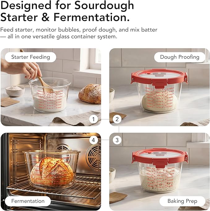 GENICOOK Glass Containers with Airtight Lids, 2-Piece Borosilicate Glass Baking Set (24oz & 71oz) for Sourdough Starter, Dough Mixing & Proofing, Wide Mouth with Easy-Read Measuring Marks, Microwave, Oven & Dishwasher Safe