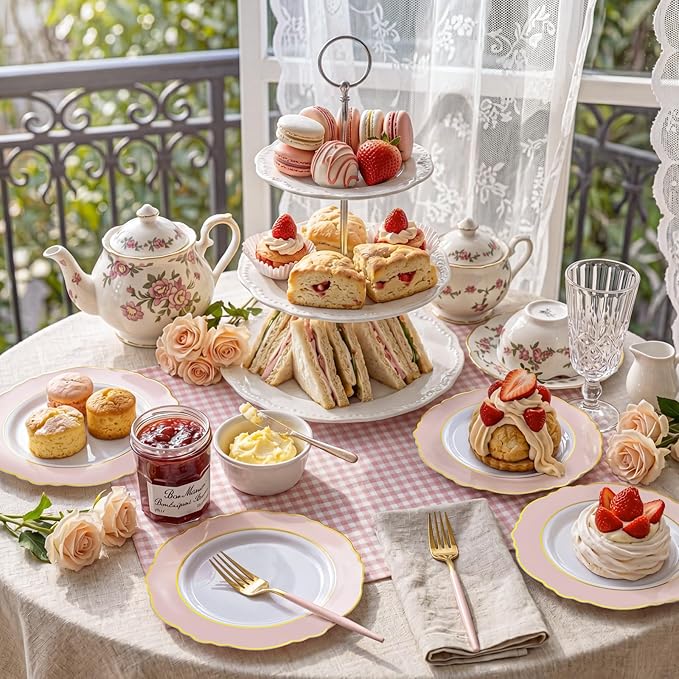WDF 60pcs Pink Dessert Plates - 7.5inch Baroque Pink and White Disposable Dessert Cute Cake Plates for Upscale Parties &Wedding-Special for Baby Shower, Brithday, Tea Party