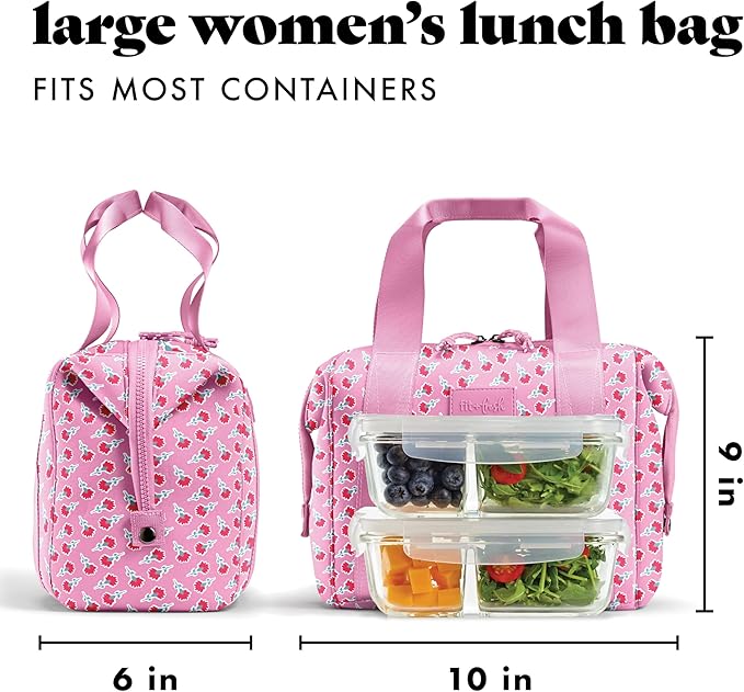 Fit & Fresh Remi Lunch Bag for Women Work – Neoprene Lunch Tote with Containers & Ice Pack, Reusable Meal Prep Lunch Box, Large Capacity, Machine Washable, Sweet Pink Block