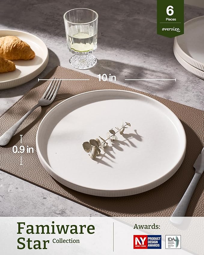 famiware Star Dinner Plates for 6, 10 inches Plate Set, Scratch Resistant, Stoneware Dinnerware, Kitchen Modern Rustic Serving Dishes, Matte White (Pack of 2)