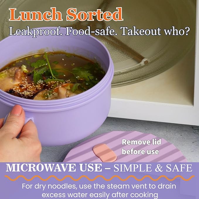 Microwaveable Ramen Noodle Bowl Cooker 40oz for Ramen, Pho, Soup, and Pasta, Dishwasher Safe and Portable, Ideal for Home, Office, Dorm, or Gift.Ai Love Peace (Purple)