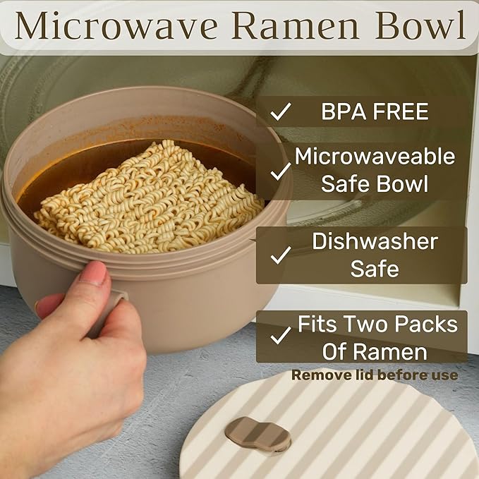 AI LOVE PEACE Ramen Bowl Set of 2, 40 oz Microwaveable Ramen Noodle Bowl Cooker with Lids, Soup Bowls for Pho, Pasta, Rice, Oatmeal, Home Office Dorm (2x Beige)