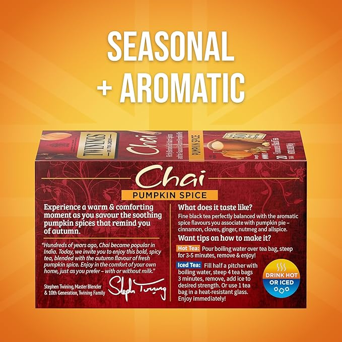 Twinings Pumpkin Spice Chai Black Tea Individually Wrapped Bags, 20 Count (Pack of 6), Warm, Spicy & Aromatic, Caffeinated, Enjoy Hot or Iced, 120 Teabags