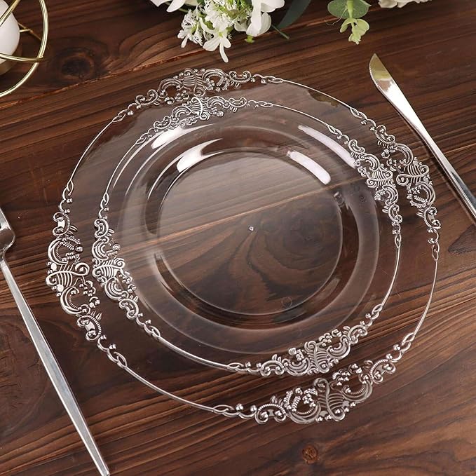 Efavormart 10 Pack | 10" Clear and Silver Baroque Dinner Plates, Leaf Embossed Metallic Rim Shatterproof Serving Plates for Anniversary Celebrations