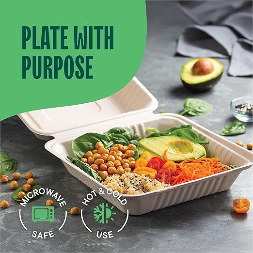 [Bulk - 200-Count] 100% Compostable to Go Containers 9x9" Clamshell Take Out Food Container with Hinged Lid - Disposable Togo Plates - Biodegradable Eco-Friendly Takeout Box Made of Sugar Cane Bagasse