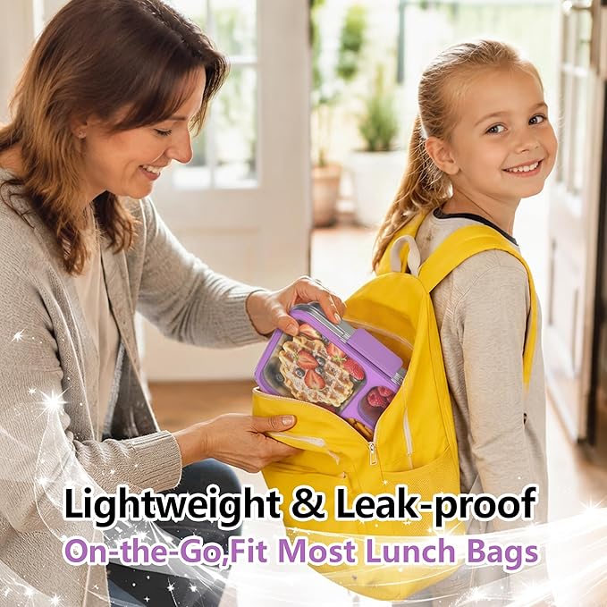 HOMEKOL Stainless Steel Bento Lunch Box, 3-Compartment Leak-Proof Metal Lunch Container for Kids & Adults, BPA-Free, Dishwasher Safe, Clear Tritan Lid, 4.2Cups/1000ml Purple (Not Insulated)