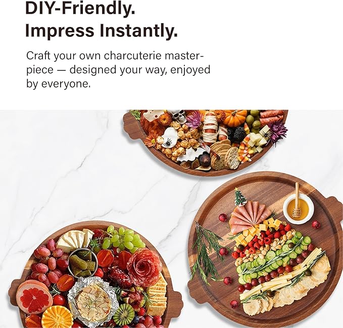 Charcuterie Board | Acacia Wood Serving Tray with Handles 13'' | Round Decorative Ottoman Coffee Table Tray | Circular Wooden Cheese Board Serving Platter for Party Supplies
