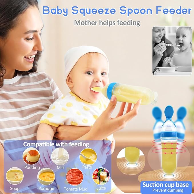 Baby Fruit Feeder Pacifier | 2 Infant Food Feeder Pacifier & Baby Food Dispensing Spoon | Mesh Fresh Fruit Teethers for Babies Teething Feeders | Shower Gifts for Boys and Girls (Blue)