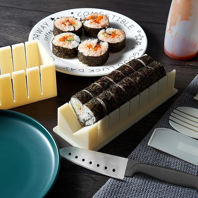 HI NINGER Sushi Making Kit Deluxe Edition Heart Sushi Mold Press with 8 Sushi Rice Roll Mold Shapes 1 Fork 1 Spatula 1 Sushi Knife, Complete Sushi Maker Kit 12PCS DIY Home Sushi Tool