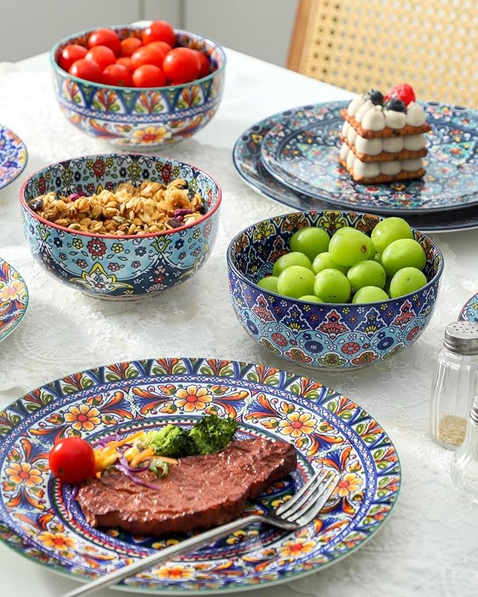 glowworm Dessert Plates Set of 4, 8.5 Inch Ceramic Dinner Plates, Small Salad Plates Set for Kitchen, Microwave, Oven and Dishwasher Safe, Bohemian