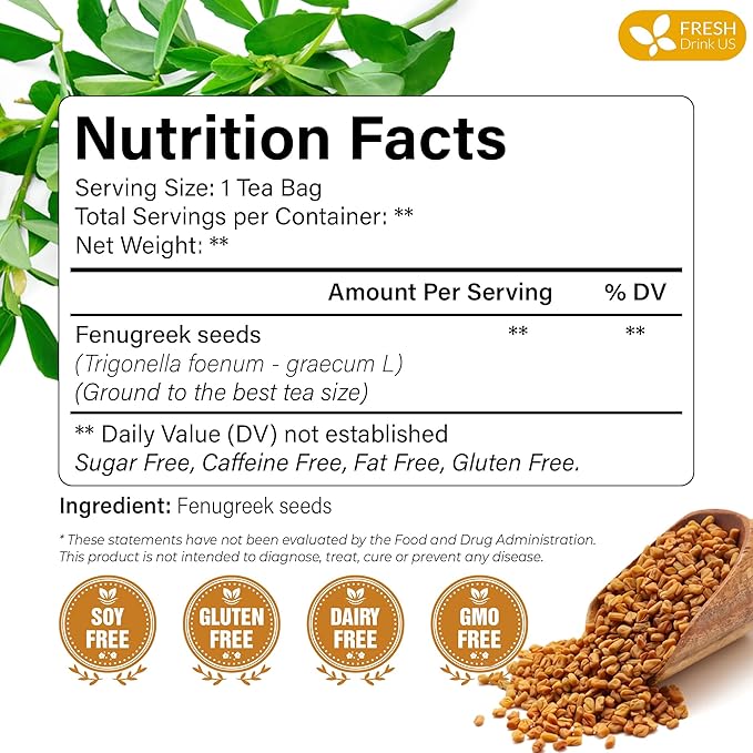 FreshDrinkUS, Premium 120 Fenugreek Tea Bags, 100% Natural & Pure from Fenugreek. Fenugreek Herbal Tea. Made with Natural Material Tea Bags. No Sugar, No Caffeine, No Gluten, Vegan.