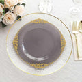 Efavormart 10 Pack | 10" Translucent Black and Gold Baroque Dinner Plates, Leaf Embossed Metallic Rim Heavy Duty Serving Plates for Modern Industrial Galas