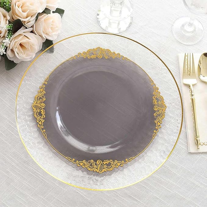 Efavormart 10 Pack | 10" Translucent Black and Gold Baroque Dinner Plates, Leaf Embossed Metallic Rim Heavy Duty Serving Plates for Modern Industrial Galas
