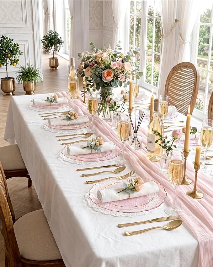 bUCLA 40PCS Clear Pink and Gold Plastic Plates - Fancy Pink Hammered with Gold Lace-Edge Disposable Plates - Include 20 Each (10inch Dinner & 7inch Dessert) Plates for Party, Birthday & Wedding