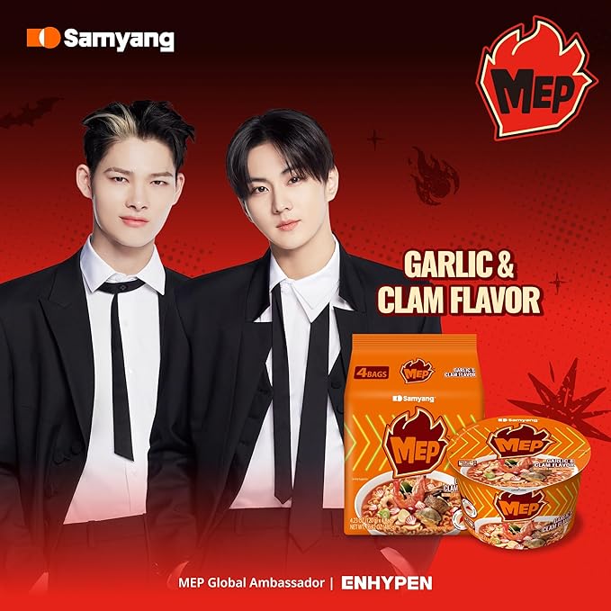 Samyang MEP Garlic Clam Ramen, Spicy Korean Instant Noodle Soup, ENHYPEN Pick, Refreshing Seafood Bone Broth Ramyeon, 3.88 oz (Pack of 4)