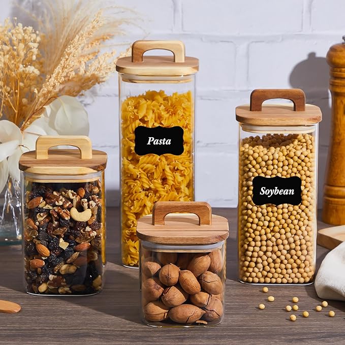 Layhit 4 Pcs Glass Food Storage Jars with Airtight Wood Lid Storage Jars Containers with Stickers Marker for Candy, Cookie, Rice, Sugar, Flour, Pasta, Nuts, 4 Size (Square)