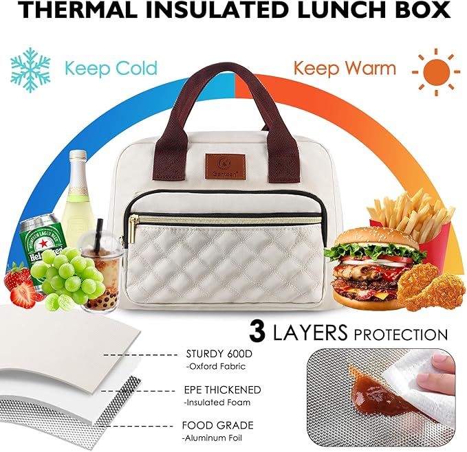 Genteen Lunch box for Women, Insulated Tote LunchBox for Adult Men Reusable Lunch Box with Front Pocket for Work, Picnic or Travel-15 Cans/14 Liters- white